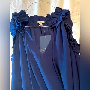 Crown & Ivy women’s new with tags, dark blue,ruffled, sleeveless blouse.